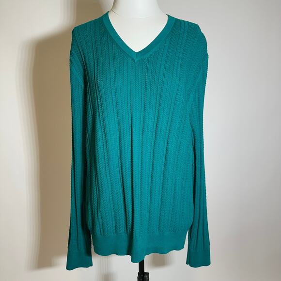 Lands End Green V-Neck Cotton Herringbone Knit Sweater Mens Size Large  L 42-44 - Picture 1 of 7